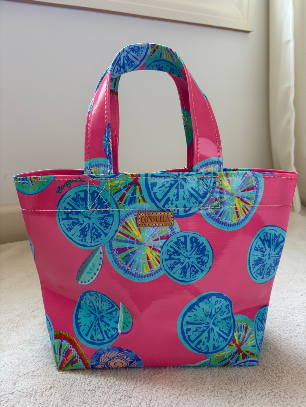 NWT Consuela Pink Citrus Mini Tote with Blue Accents